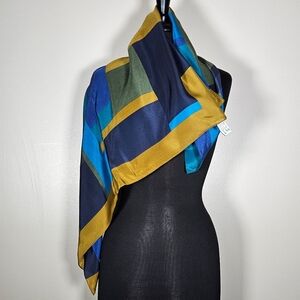 Vintage Liz Claiborne Silk Scarf Large Square Color block Blue Gold